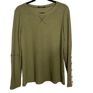 New Doe & Rae Large L Olive Green Waffle Thermal Long Sleeve Button Lace Detail